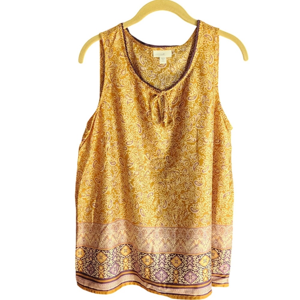 J.Jill Womens Tank‎ Top Yellow Paisley Tencel Keyhole Sleeveless MP Petite